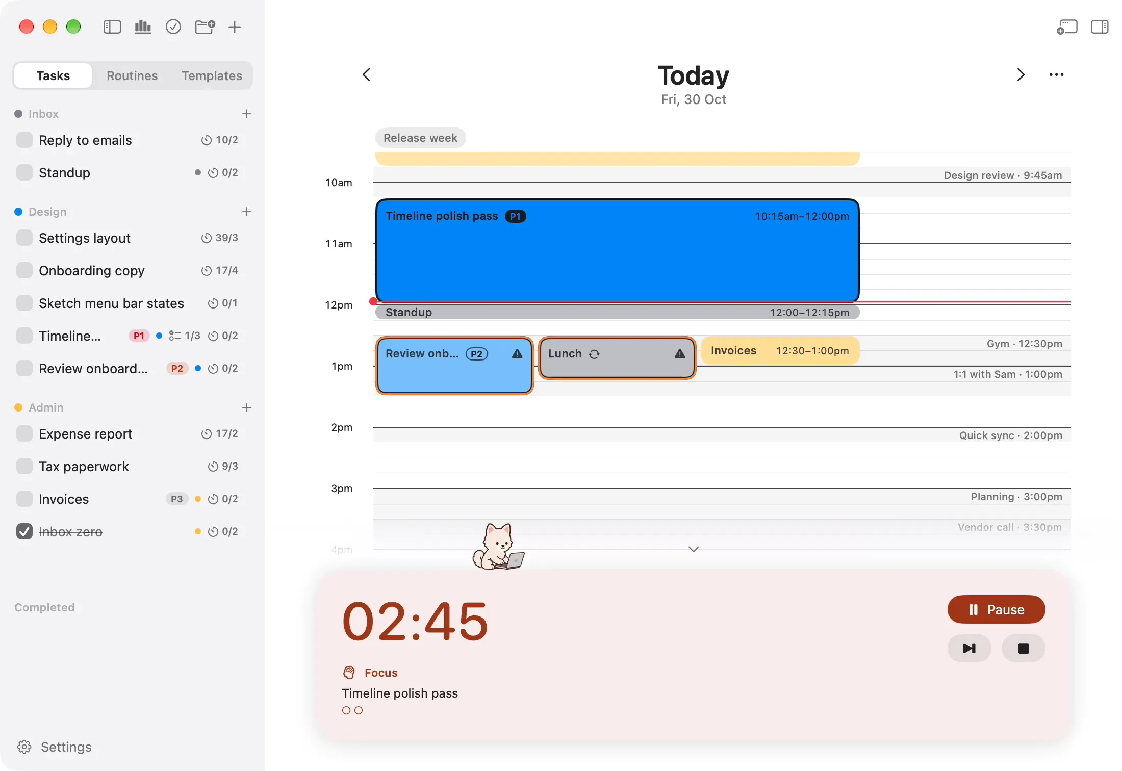 Meetings from the calendar on Onjo's timeline, leaving as the calendar is turned off and coming back