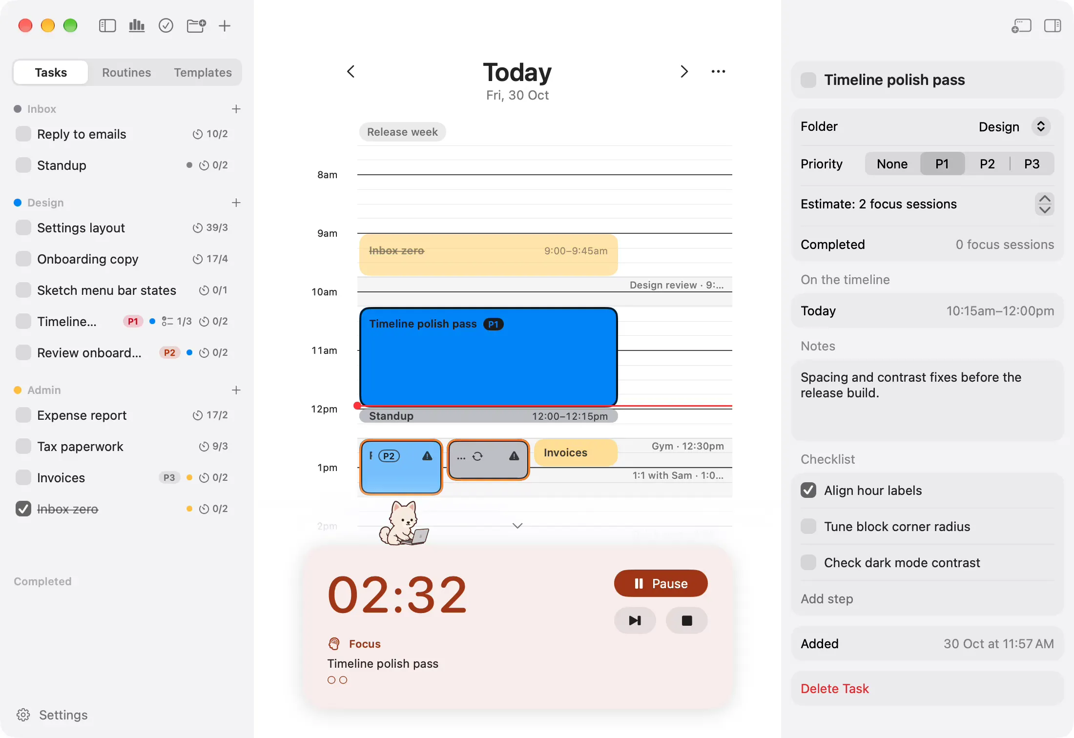A task is clicked in the sidebar, then a block on the timeline, and the panel beside the day shows each one's folder, priority, notes and checklist