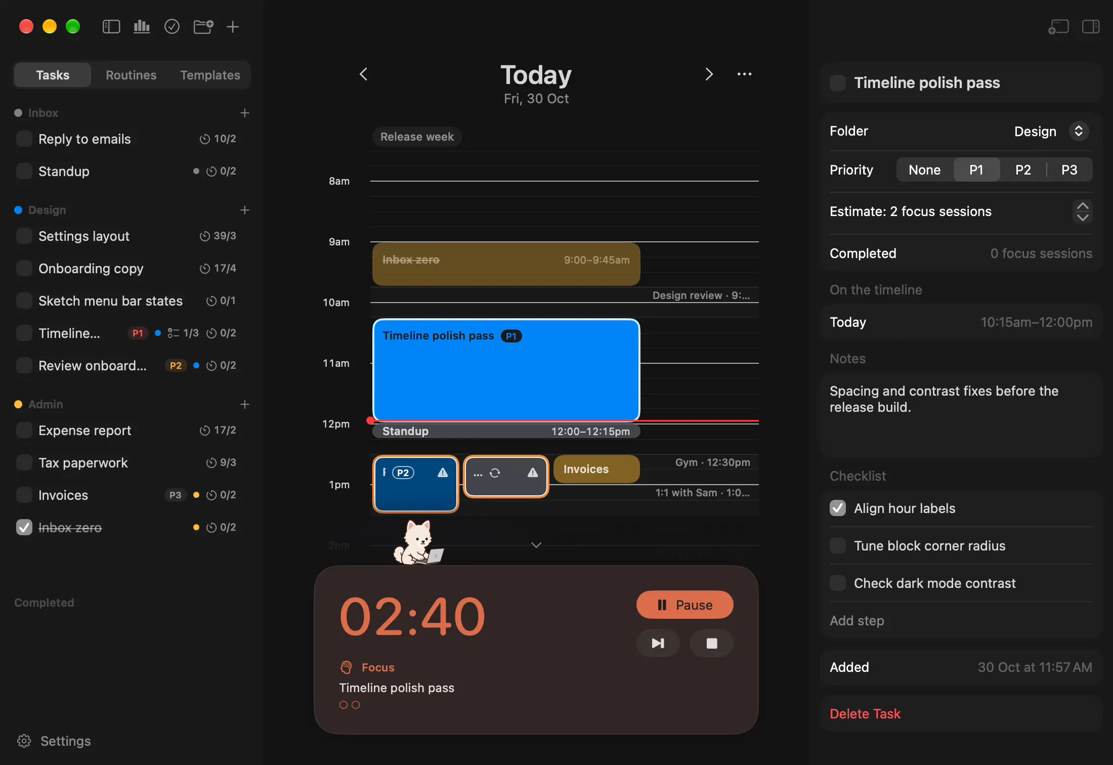 A task is clicked in the sidebar, then a block on the timeline, and the panel beside the day shows each one's folder, priority, notes and checklist