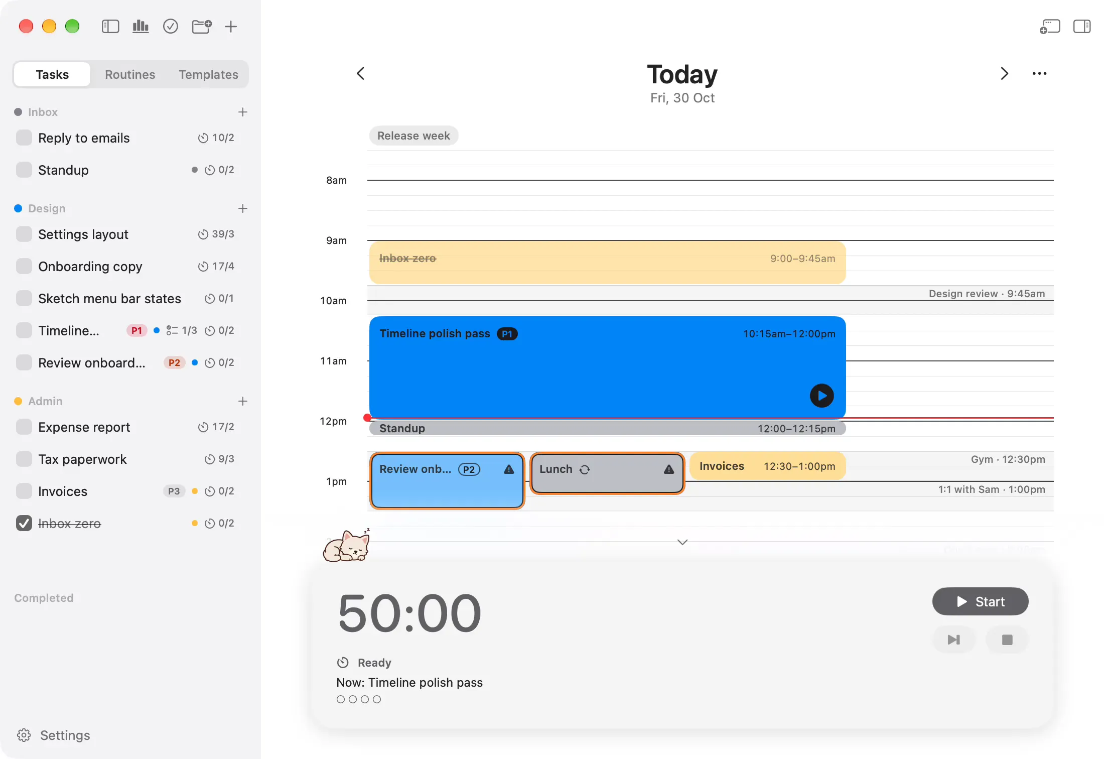 Play is pressed on the block Timeline polish pass, and the timer card counts down the minutes left in the block