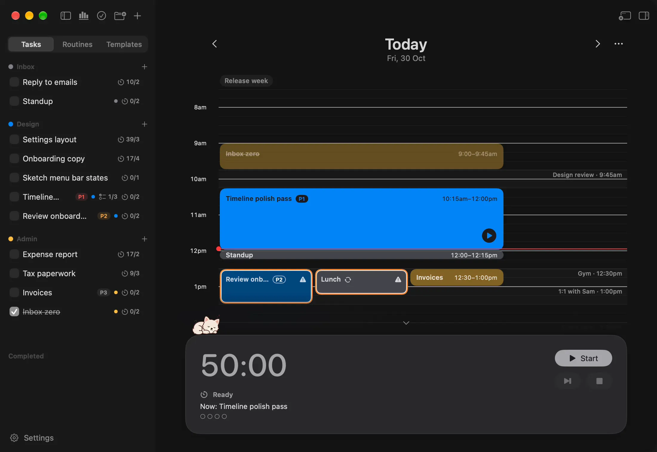 Play is pressed on the block Timeline polish pass, and the timer card counts down the minutes left in the block