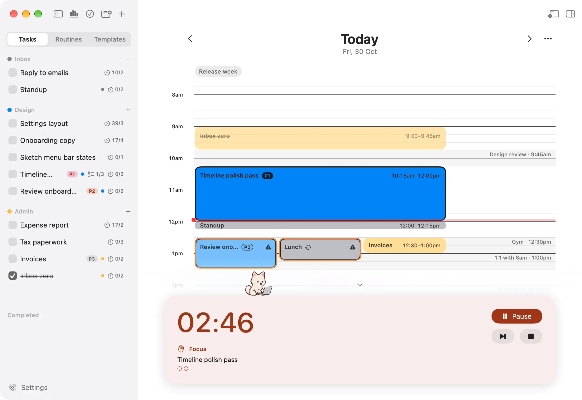 Onjo's focus timer running, and the same time left in the Mac's menu bar above it