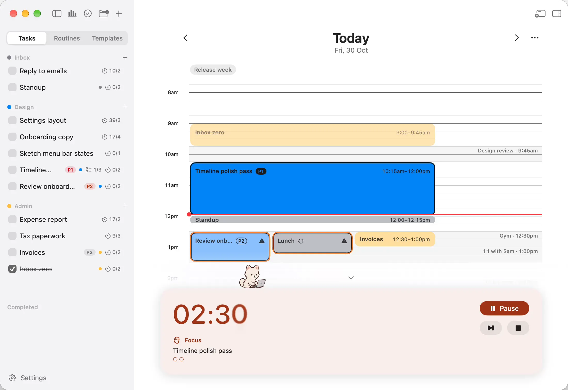 A routine, Plan the day, is set for 8:30am on weekdays, and its block appears on today's timeline