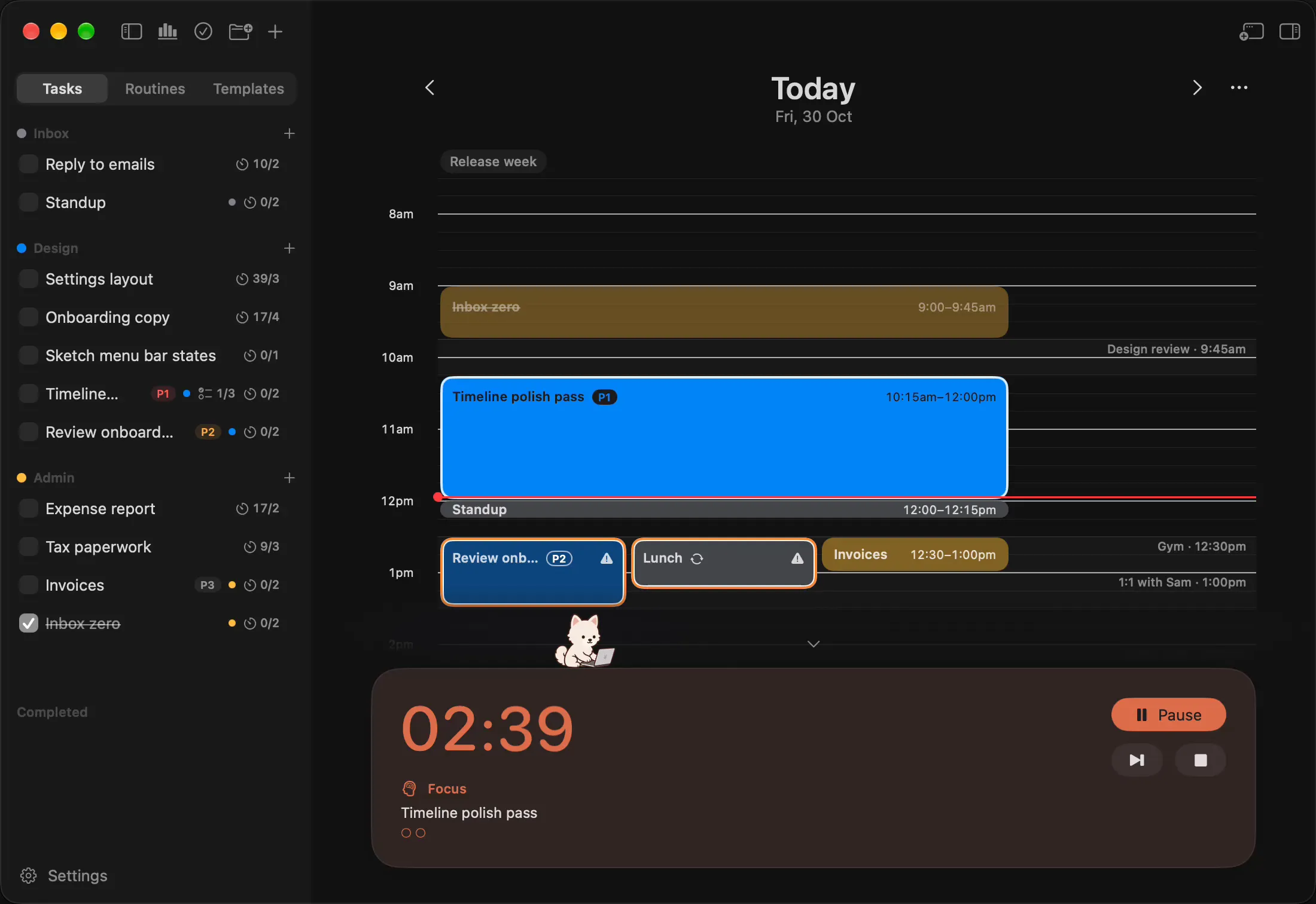 A routine, Plan the day, is set for 8:30am on weekdays, and its block appears on today's timeline