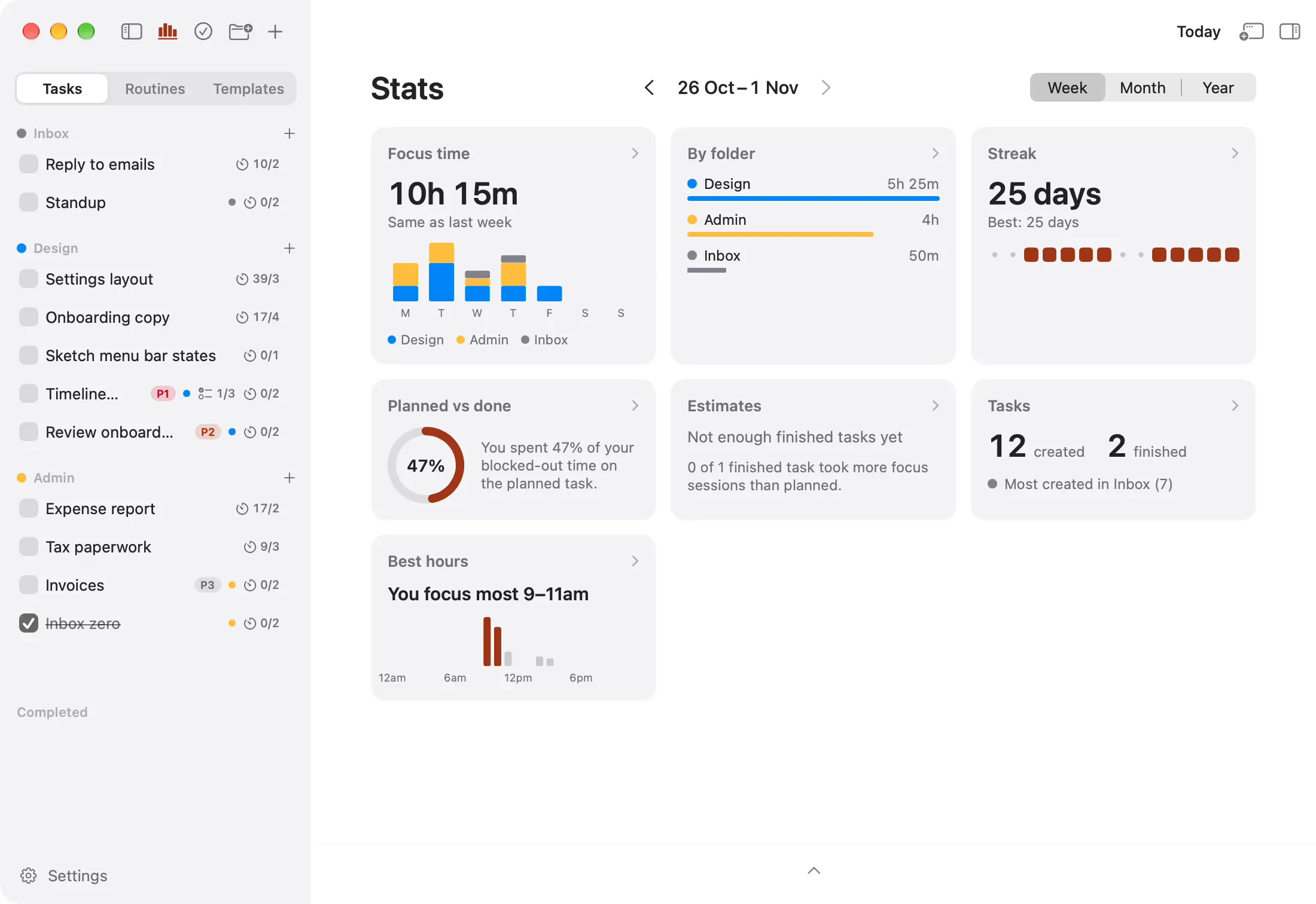 Onjo's Stats: the week's focus time, then its card opened into twelve weeks of focus by folder
