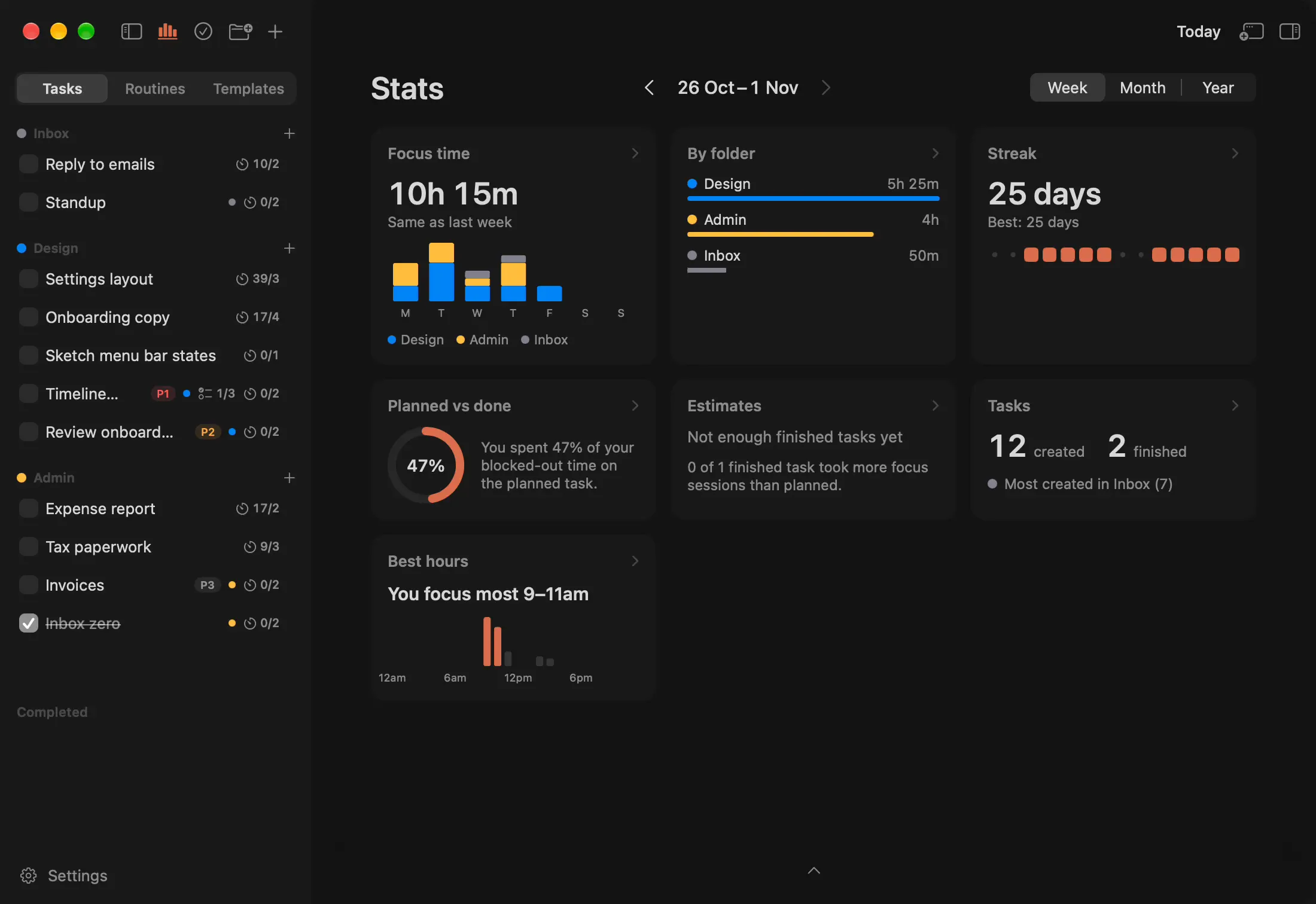 Onjo's Stats: the week's focus time, then its card opened into twelve weeks of focus by folder
