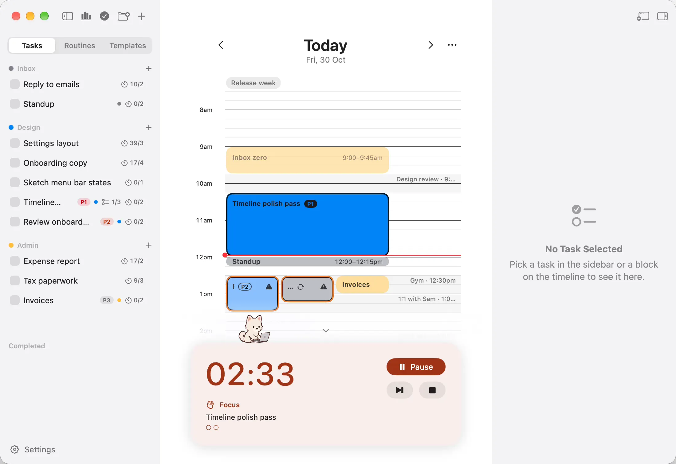 A new task, Write release notes, is typed into Design with priority P2, then given two checklist steps
