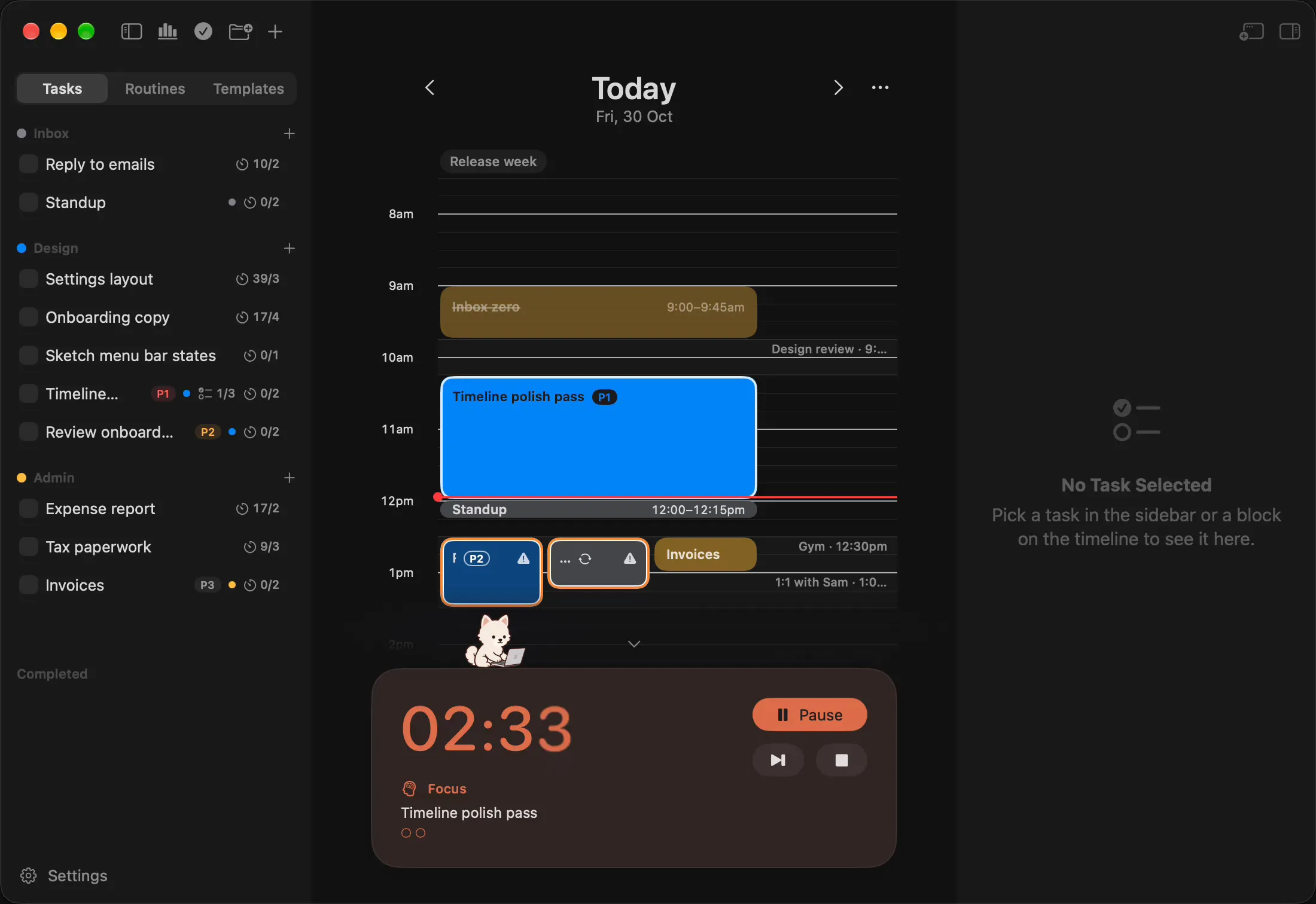 A new task, Write release notes, is typed into Design with priority P2, then given two checklist steps